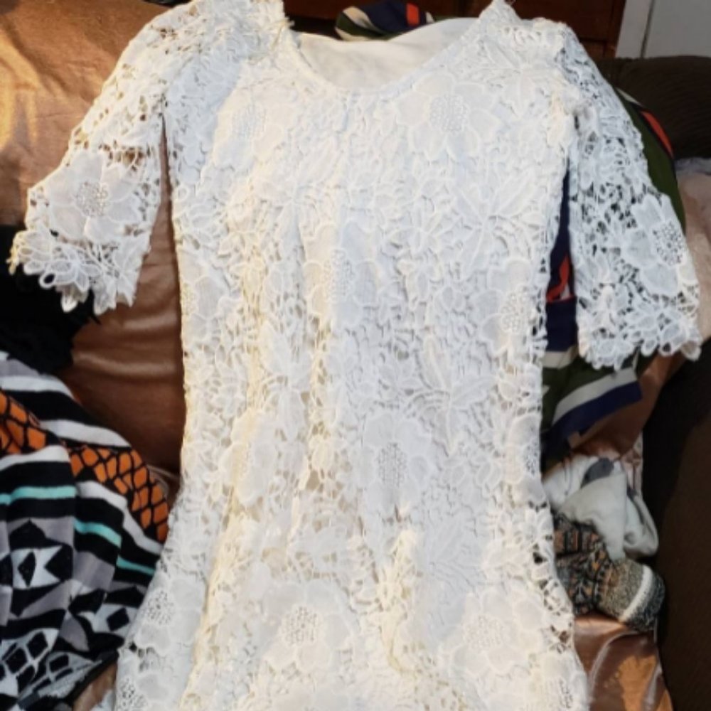 Moonlight Crochet Lace Lined Mini Dress 3/4 Sleeve